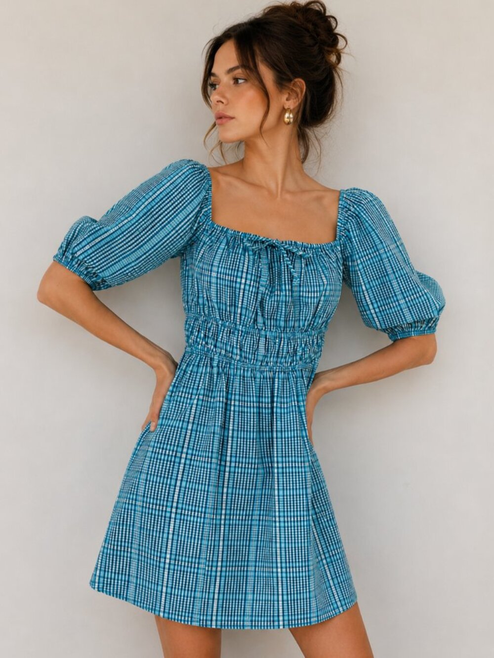 Rails Blue Plaid Brenda Augusta Puff Sleeve Babydoll Mini Dress Smocked S